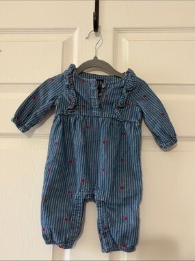 GAP Blue Pinstripe Baby Romper with Red Heart Accents
